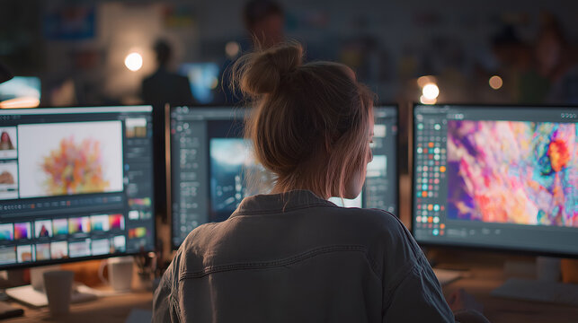 woman is using an advanced computer with multiple monitors to create colorful digital art in adobe illustrator, while her colleagues work on their own projects nearby. the office has creative decor an