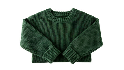 Knitted woolen garment displays a rich forest green color against a stark black backdrop