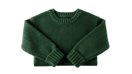 Knitted woolen garment displays a rich forest green color against a stark black backdrop