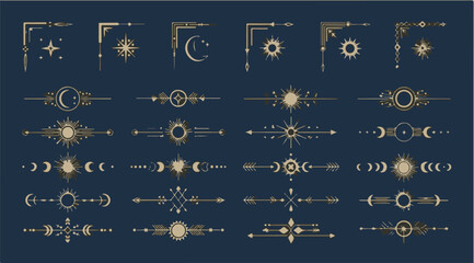 Elegant vector set of gold celestial dividers, corners, mystical sun, moon, and star decorations.