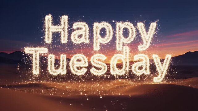 Sparkling "Happy Tuesday" text over desert landscape with mountains under a gradient sunset sky
