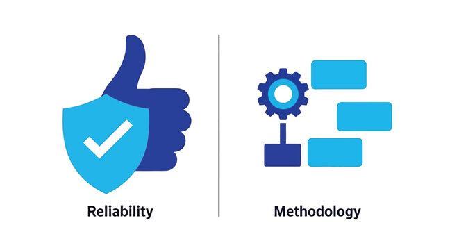 Vector illustration of reliability and methodology a blue thumbs up with shield and a gear with blocks represent reliability and methodology