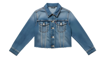 Blue denim outerwear garment featuring long sleeves and a frayed hemline displayed against black