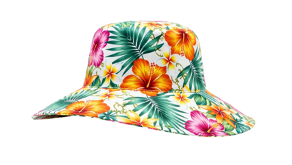 Vibrant tropical floral patterned bucket hat displayed against a solid black background