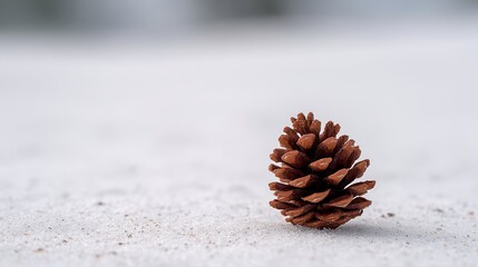 Closeup of a snowdusted pine cone resting on fresh snow with soft morning light and copy space on right side