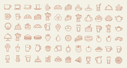 Naklejka premium Large Collection of Hand Drawn Outline Food and Drink Icons for Restaurant Menu Design