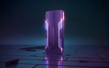 Futuristic gaming smartphone with glowing purple and blue accents standing on a circuit board-like surface in a dark, moody setting.