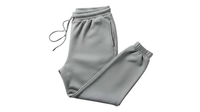 Gray fleece jogging bottoms are displayed diagonally against a solid black background