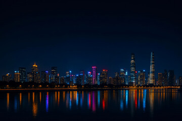 Fototapeta premium City skyline at night with illuminated buildings and river reflection 