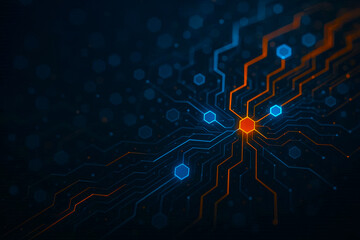Abstract digital background with glowing circuit board and neural network nodes

