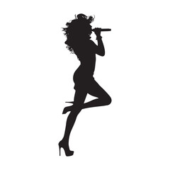 Naklejka premium dynamic female singer silhouette vector illustration performing live on stage with a microphone and energetic pose.