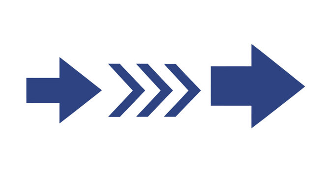 Vector illustration of three blue arrows pointing to the right the arrows are of different sizes and styles, with the middle arrow being a dashed arrow