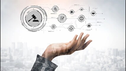 Futuristic digital law interface displaying justice scale, highlighting digital law, AI compliance,...