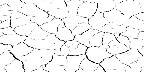 Vector cracked dry earth texture showing drought and climate change concept. Black and white cracked soil background design for environmental, nature, and global warming themes.