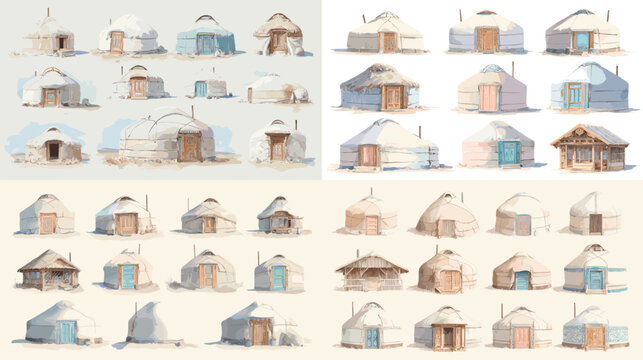 Watercolor collection of traditional Mongolian yurts and nomadic tents. Hand-drawn cultural architecture illustrations in soft winter tones, perfect for travel and design themes.