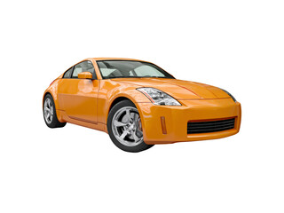 Orange sports car coupe front view isolated on white background vehicle
