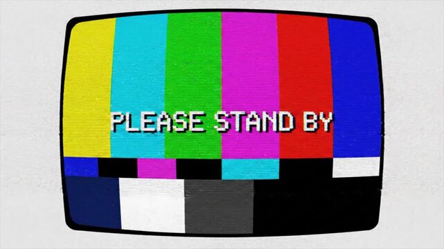 Retro TV Screen With "Please Stand By" Test Pattern Colorful Bars Static