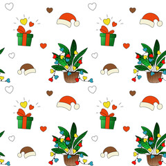 Seamless eco Christmas pattern with indoor plants, Santa hats and gift boxes. Modern festive design for packaging, textiles and digital branding.