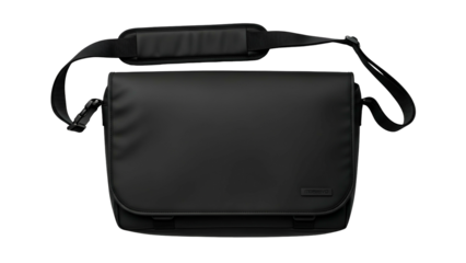 Sleek black messenger bag with adjustable shoulder strap displayed against a dark background