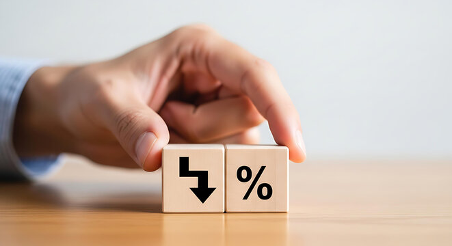 Interest rates are falling shown with a downward arrow and percentage sign on wooden blocks, representing economic downturn and financial crisis