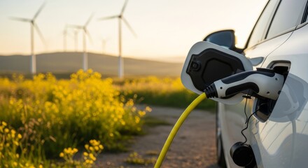 Charging electric vehicle power with windmills sustainability for the future in nature drive