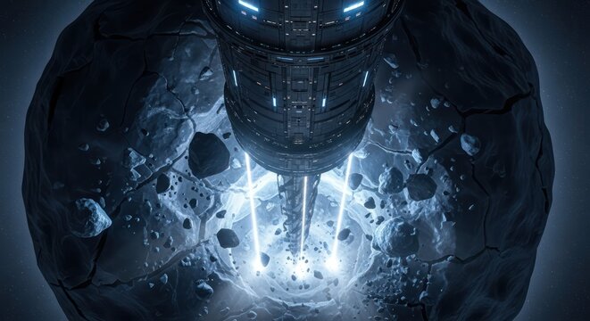 Deep Space Mining Operation: Futuristic craft extracting resources from an asteroid