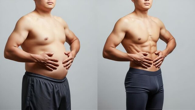 Mans transformation from overweight to fit physique, showcasing weight loss and muscle gain results
