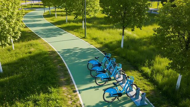 Row of rental bikes parked on a green path in a park