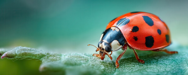 Fototapeta premium Close up of ladybug on leaf, showcasing its vibrant red color and distinct black spots, evokes sense of wonder in nature