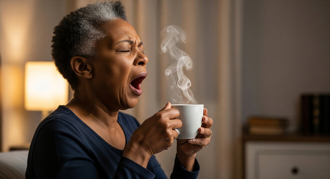 Tired elderly African American woman yawning while holding a steaming cup of hot tea or coffee in her home late at night