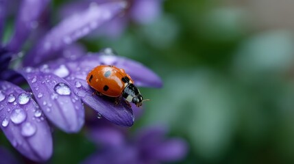 Macro shot of a vibrant ladybug resting on a dewcovered purple wildflower with soft morning light and natural bokeh background, capturing delicate textures and a peaceful, fresh atmosphere