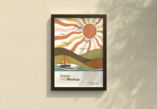 Hanging Vertical Frame Mockup on Indoor Textured Wall