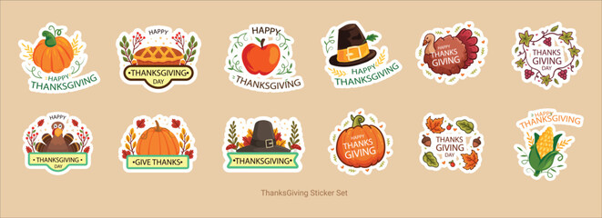 Thanksgiving sticker set with pumpkin, apple, pie, turkey and corn icons