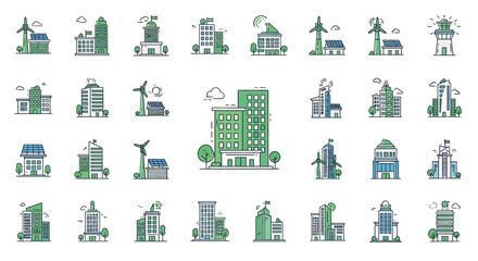Set of green building icons modern flat vector design element for sustainable city and architecture projects isolated on white background