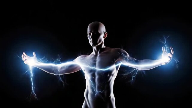 Man channeling electrical energy through his body with lightning effects