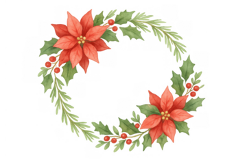 Christmas wreath with poinsettias, holly, pine needles, and berries, watercolor style, transparent background
