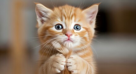 Playful Paws: A fluffy, ginger kitten holds a strand of fur, its innocent blue eyes capturing a moment of pure curiosity and gentle wonder.