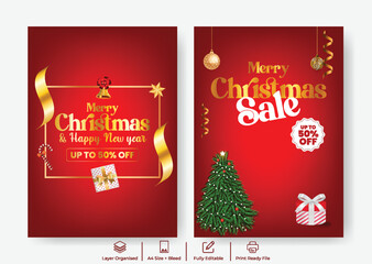 Happy New Year and Christmas Holiday Party Celebration A4 Printable Flyer Poster Design Template, Editable Promotional Brochure Layout, Festive Event Sale Discount Invitation Illustration