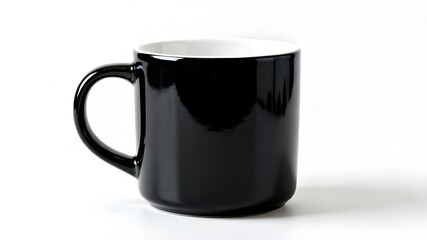 A close-up, isolated shot of a clean, cylindrical ceramic mug. The exterior of the mug is solid black (possibly matte or semi-gloss), and the interior is white, creating a strong visual contrast