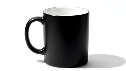 A close-up, isolated shot of a clean, cylindrical ceramic mug. The exterior of the mug is solid black (possibly matte or semi-gloss), and the interior is white, creating a strong visual contrast