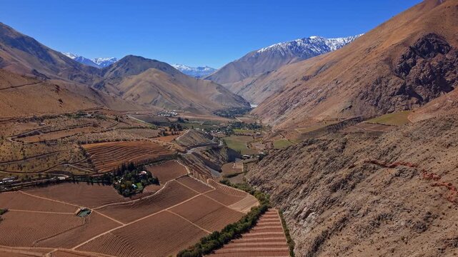 Bird&rsquo;s-eye view of Valle del Elqui with Pisco Elqui vineyards stretching across the valley.