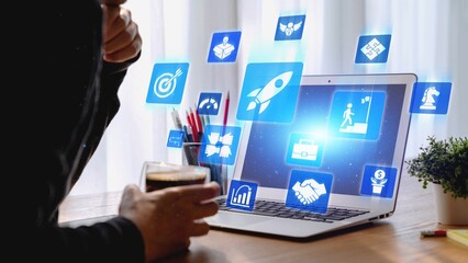 Startup launch and business growth concept, rocket symbolism, entrepreneurship, startup innovation,...