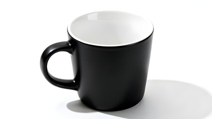 A close-up, isolated shot of a clean, cylindrical ceramic mug. The exterior of the mug is solid black (possibly matte or semi-gloss), and the interior is white, creating a strong visual contrast