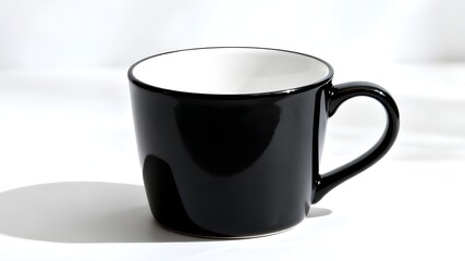 A close-up, isolated shot of a clean, cylindrical ceramic mug. The exterior of the mug is solid black (possibly matte or semi-gloss), and the interior is white, creating a strong visual contrast