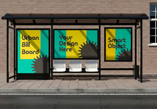 Public Transport Shelter Bus Stop Billboard Poster Mockup