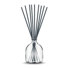 Realistic empty clear glass bottle diffuser with dark reed sticks vector 3d mockup isolated on white for luxury home fragrance, aromatherapy, or essential oil advertising.