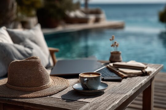 Workspace on a wooden table overlooking a serene poolside setting