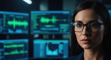 Woman analyzing data in a high-tech control room during night shifts in a secure facility