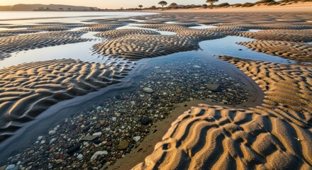 Intriguing tidal patterns and coastal textures showcasing sandy beach formations and shallow water