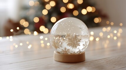 Elegant crystal snow globe with intricate silver filigree snowflakes on a wooden base, captured from a side angle amid soft glowing reflections and festive bokeh background, perfect for holiday decor